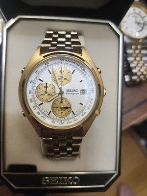 Seiko 7T32-7C60 Quartz Alarm Chronograph Gold Panda dial ~38mm