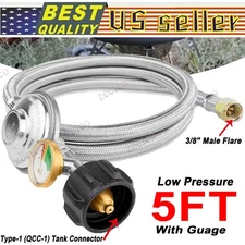 5FT BBQ Grill Low Pressure Propane Regulator Hose w/Gauge for Gas Pit, Stove NEW