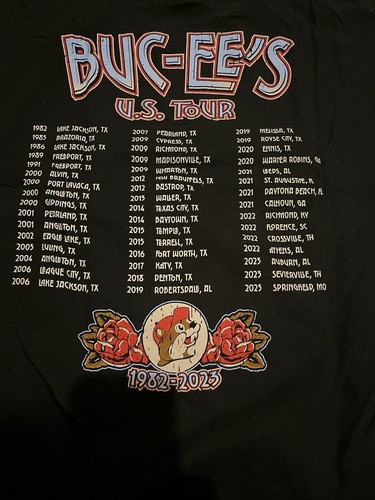 Nuova maglietta grafica Buc-ee's US Cities Tour 1982-2023 2024 Bucee’s 4X nuova con etichette - Foto 3 di 3