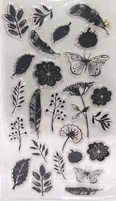Clear Acrylic Stamps 25pc Feathers Leaves Flowers Butterfly Assorted ...