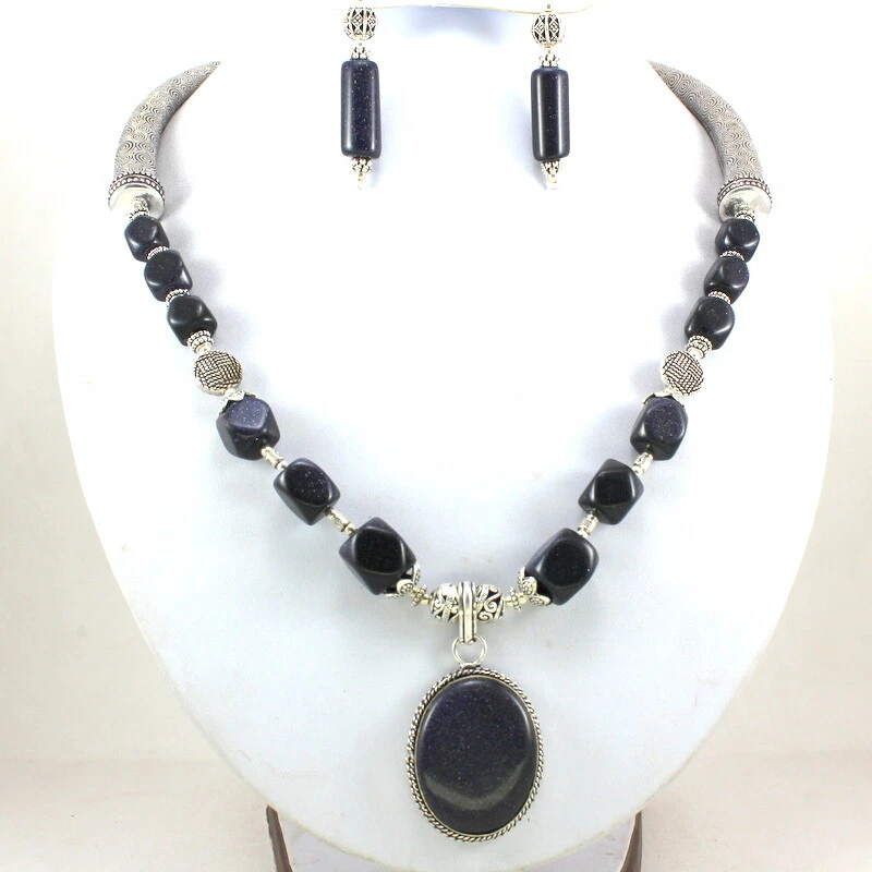 Collar Colgante Pendientes Piedras Preciosas Azules Naturales Piedras Preciosas Hecho a Mano Joyería con Cuentas Foto 2 de 4