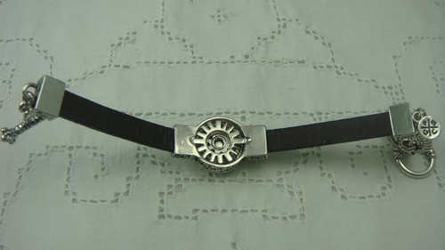 SILVER TONE BLACK LEATHER TIGERS EYE TOGGLE 8 1/2" ADJ BRACELET BY GSPC - Picture 7 of 9