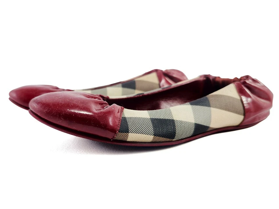 Burberry Rojo Charol Nova Check Lona Scrunch Ballet Pisos 36.5 EE. UU. 6.5 Foto 4 de 4
