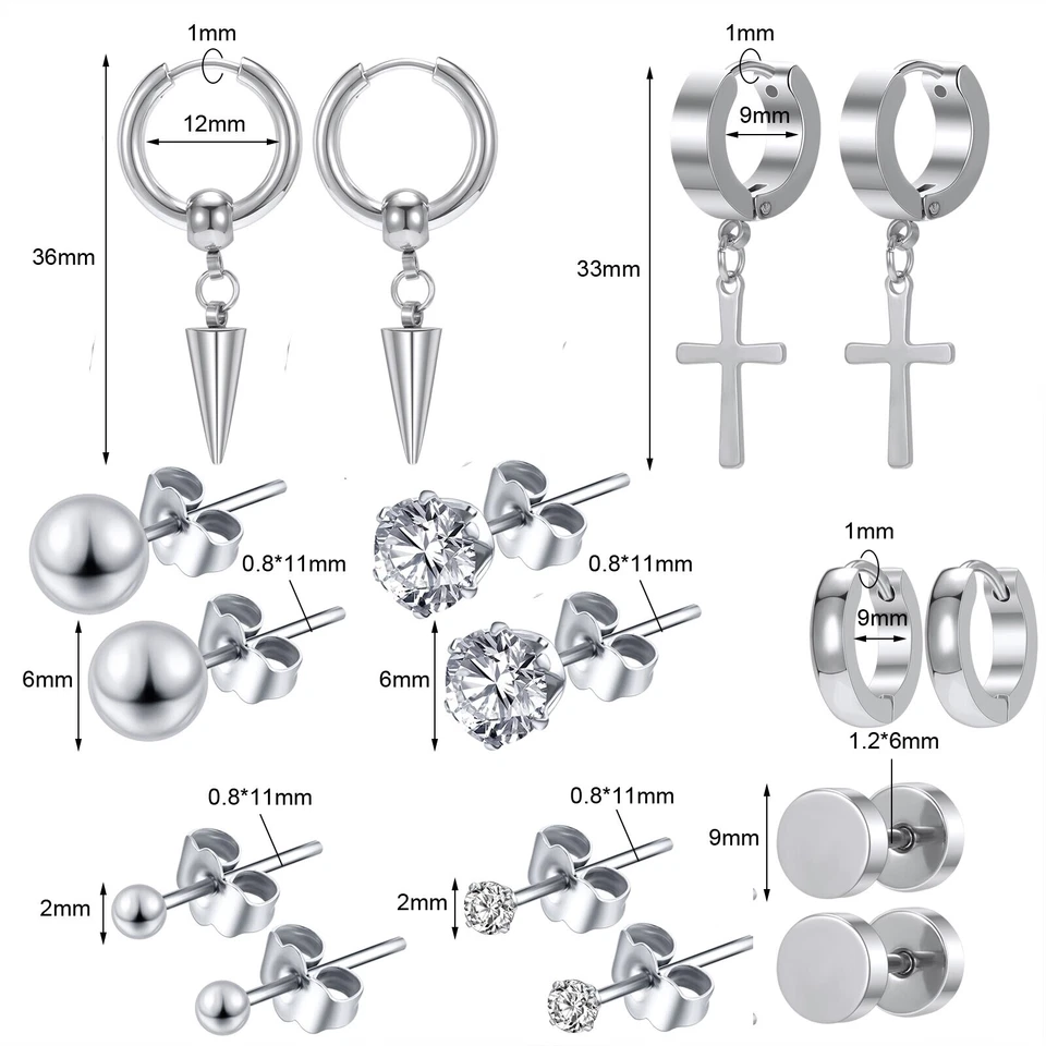 8-9 Pairs Stainless Steel Stud Earrings Black Punk Cross Earring Helix Piercings - Image 2 of 4