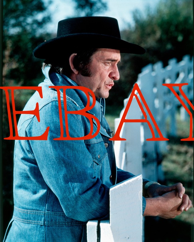 JOHNNY CASH 4x5 color transparency standing at fence blue denim