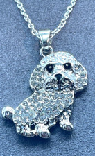 Necklace Silver Tone Beagle Puppy Dog w/clear crystal accents. Chain 24"