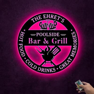Poolside Bar and Grill Metal Wall Art With Led Lights, Poolside and Bar, Bar BBQ