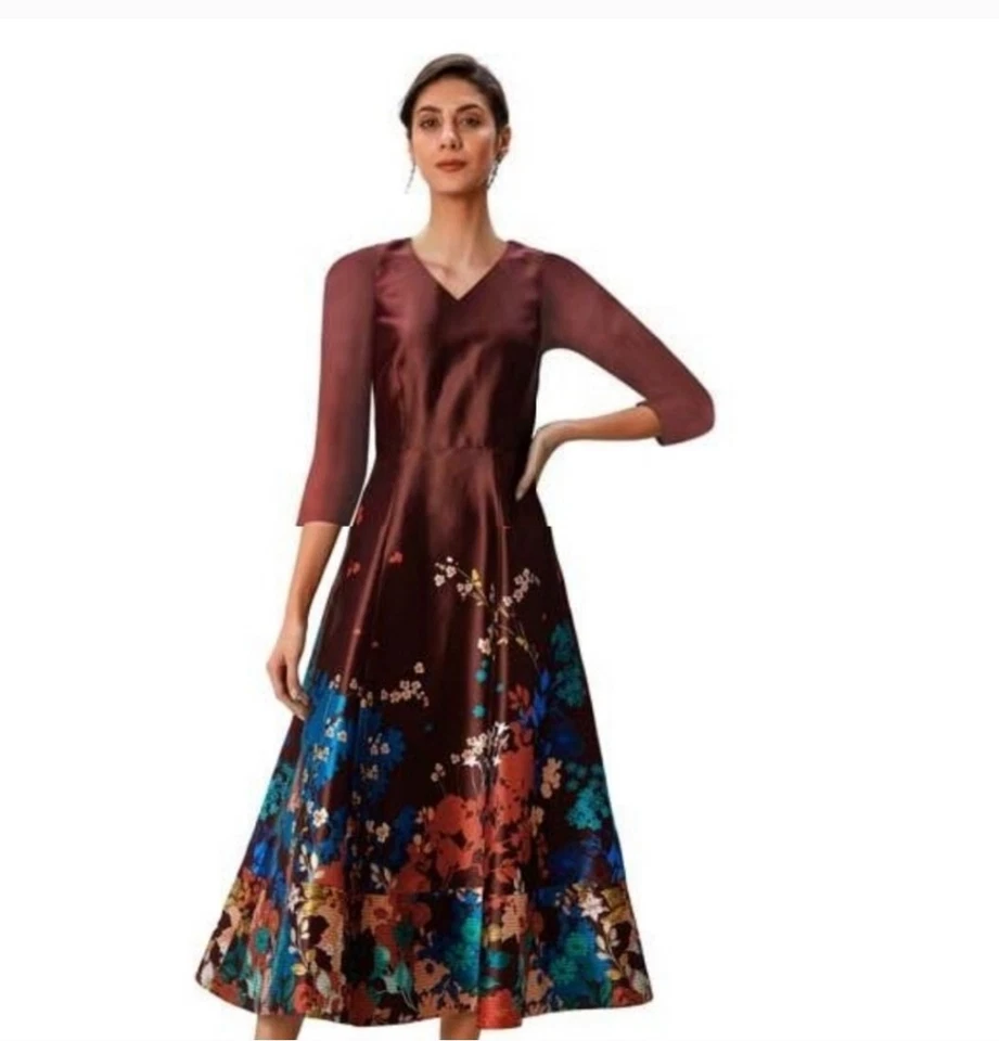 Placed Floral Print Dupioni Dress/ Size 12 UK /8 US - Image 2 of 4