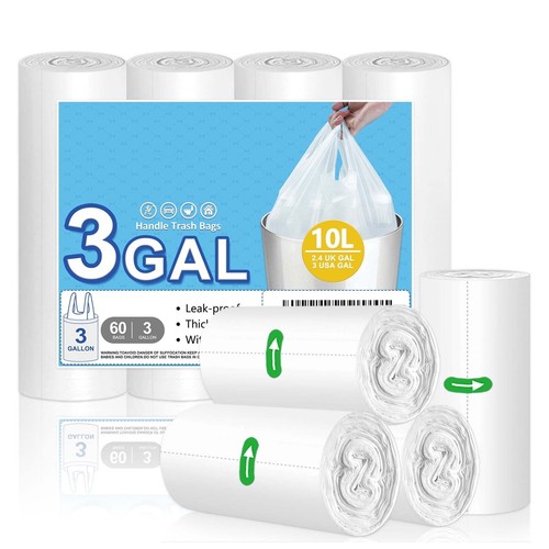 3 Gallon Trash Bags with Tie Handle, Clear, 60 Count for Bedroom, Office, Toilet