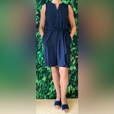 Ann Taylor Navy Blue V Neck Sleeveless Dress with Pockets and a Belt Size 4