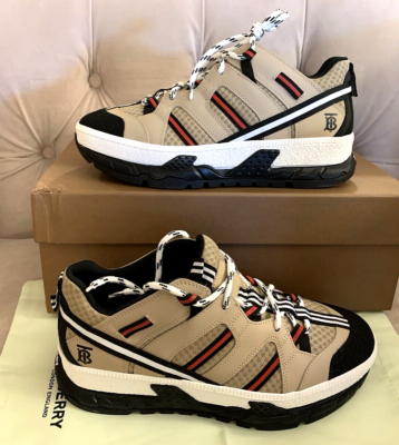 BURBERRY MEN UNION RS5 MIX TECH STRIPE LOW TOP SNEAKERS, BEIGE, SZ