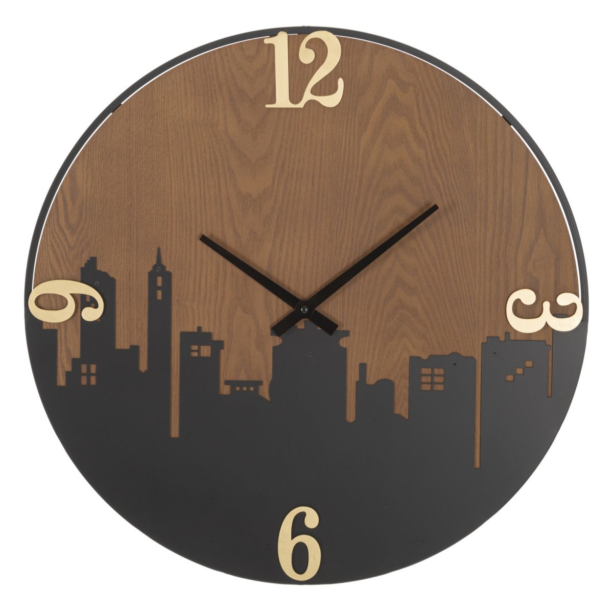 Horloge murale design City 60cm en bois et métal noir de haute finition