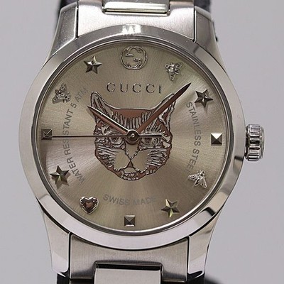 Original neuwertige GUCCI G-Timeless 126.5 YA126595 Katzenmotiv silbernes Zif...
