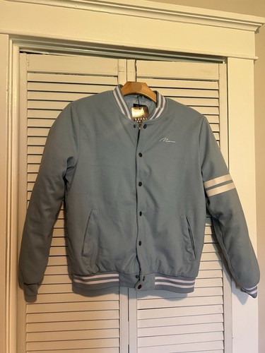 BOOHOO MAN Varsity Bomber Jacket Script Wool Look Baby Blue Size Small S NEW
