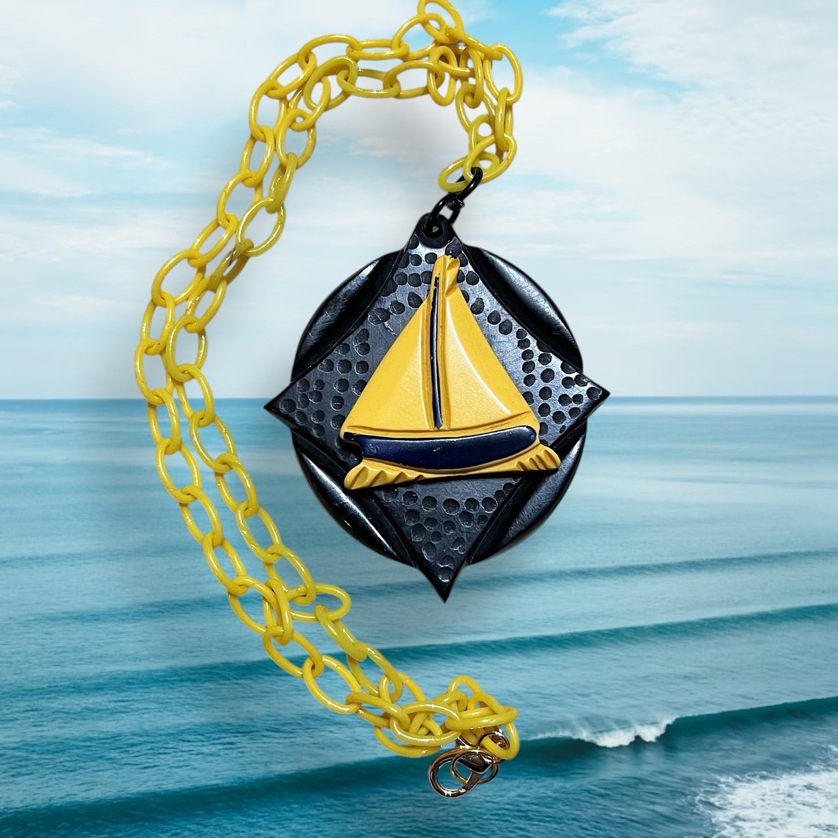 Sailboat Celluloid & Bakelite Pendant Necklace Nautical Necklace Celluloid Chain View 2