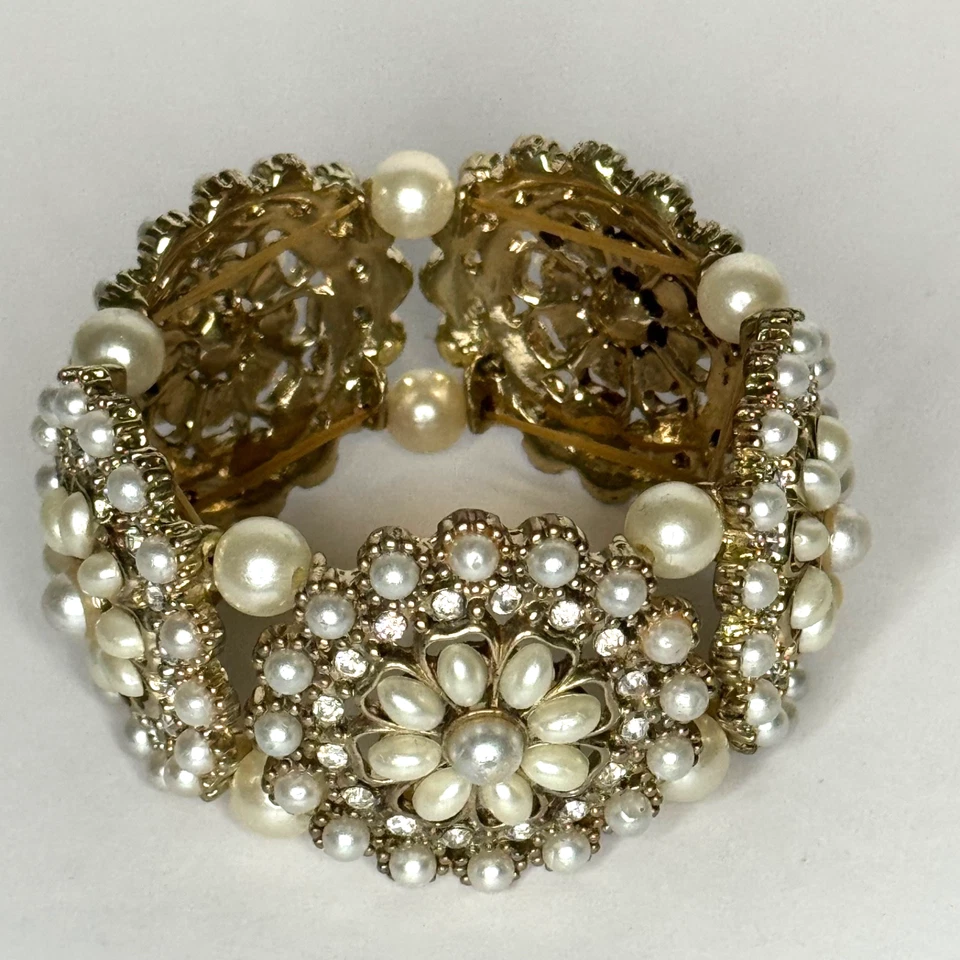 Hermosa Pulsera Elástica Imitación Perla Estrás Tono Dorado Boda Novia Foto 4 de 4