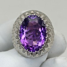Natural Amethyst Men's Ring 925 Sterling Silver  Oval Faceted 18x13mm.