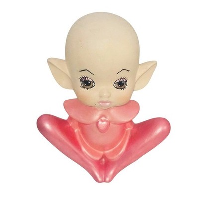 Vintage Ceramic Pixie Elf Figurine Pink Heart Collar Bald Fantasy Decor 5.5in