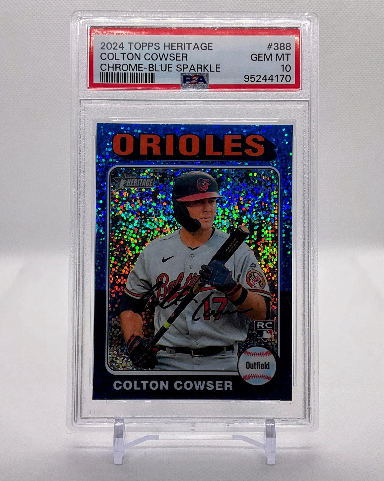 2024 Topps Heritage Chrome Colton Cowser Blue Sparkle Refractor RC #388 PSA 10