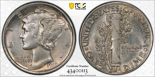 1919-D Mercury Silver Dime 10C, PCGS Gold Shield AU58