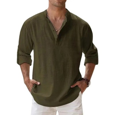 Herren Leinen-Optik Hemd Tops Freizeit Knopf T-Shirt Bluse Langarm Oberteile DE