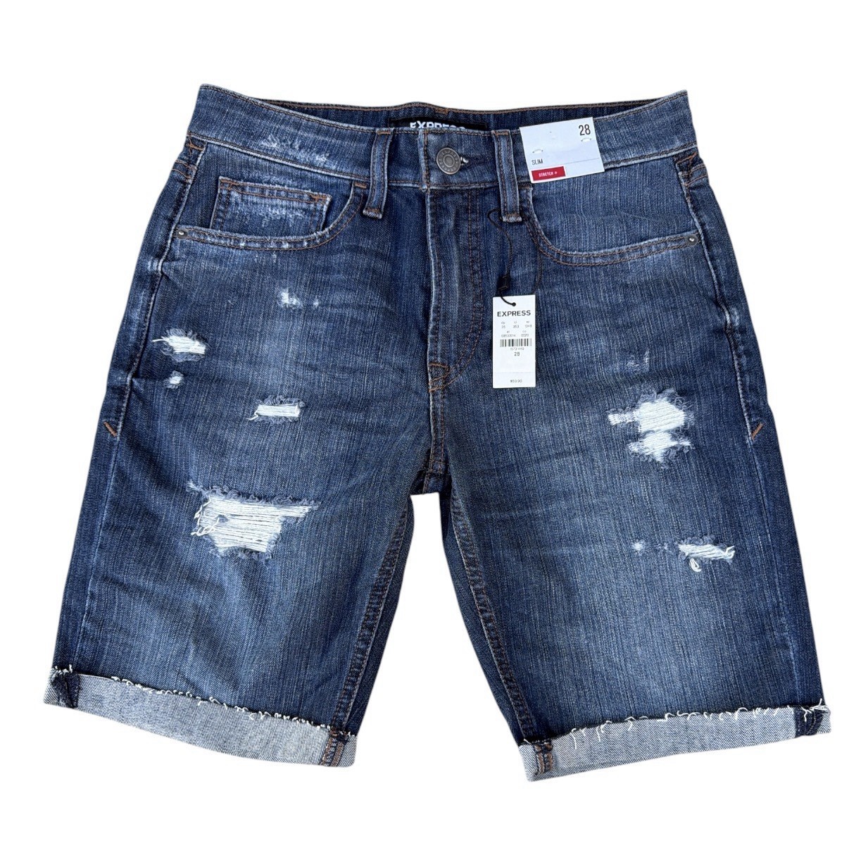 Express Womens Size 28 Bermuda High Rise Distressed Med Wash Cut Off Jean Shorts