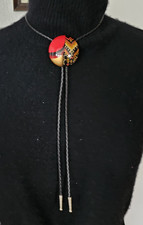 Hand Painted Round Bolo Tie Red Black Gold Abstract Western Vintage Style