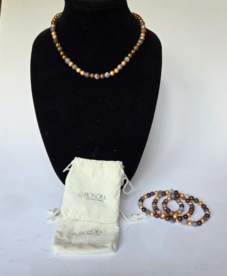 Honora Pearl Bead Necklace and 3 Stack Bracelet Set Chocolate Champagne Silver - Image 4 of 4