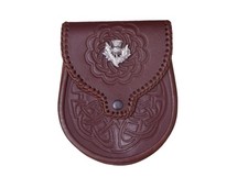 Double Embossed Scottish Leather Kilt Sporran w/Belt Brown 