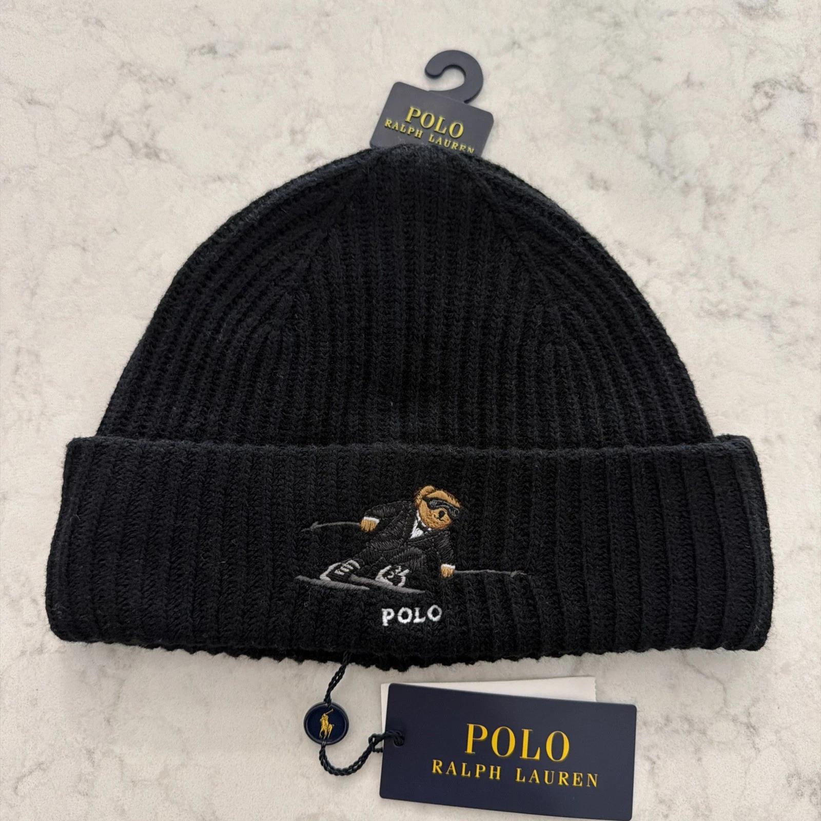 Polo Ralph Lauren Wool Ski Bear Beanie Tuxedo Black New Tags
