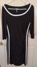 Chaps Dress Slimming White Stripes on Black Large Ruched Business Dress