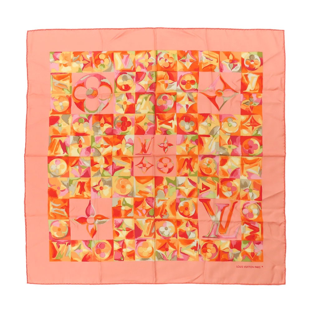 LOUIS VUITTON Carré 90 Monogram Flower Scarf in Watercolor Pink & Orange