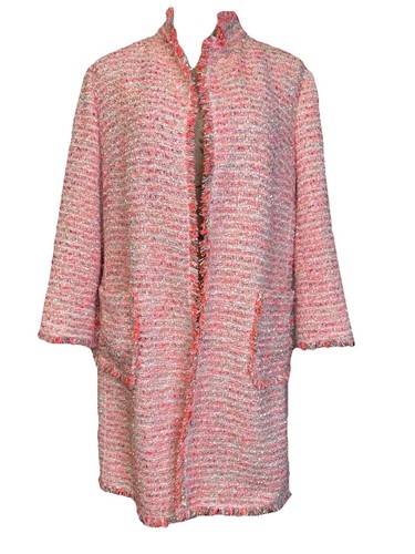 NEIMAN MARCUS Fransenbesatz Boucle Sakko Tweed Tasche Blazer rosa leise Lux LARGE - Bild 1 von 13