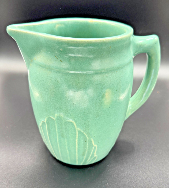 Vintage Turquoise Ceramic Creamer Pitcher Mount Vernon USA Shell Motif 6"