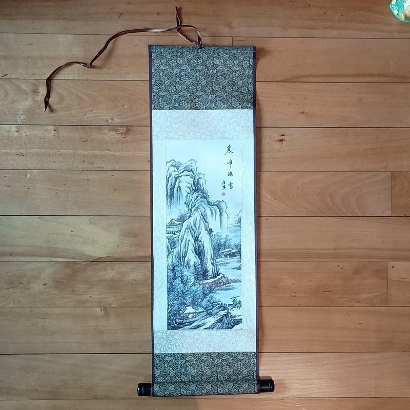 Chinese Landscape Painting Scroll Blue White Black Calligraphy