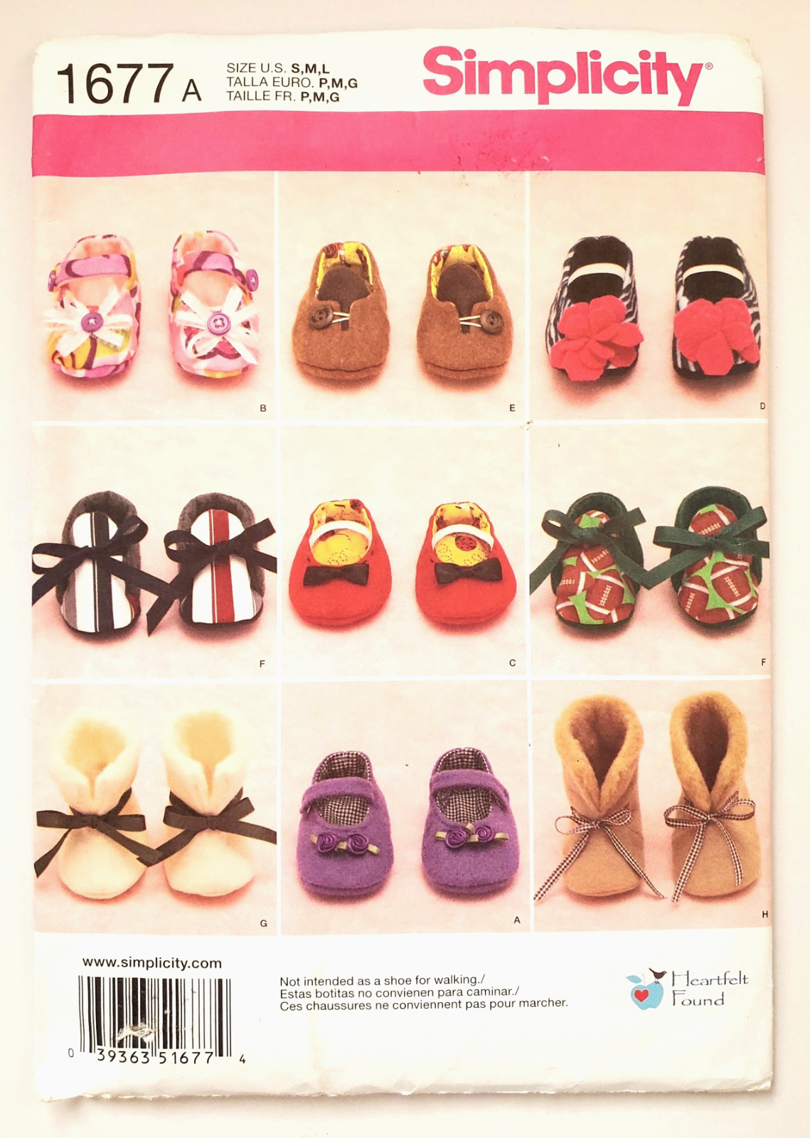 Simplicity Sewing Pattern 1677 Baby Shoes, Felt, Cotton, Fleece Lining, S, M, L
