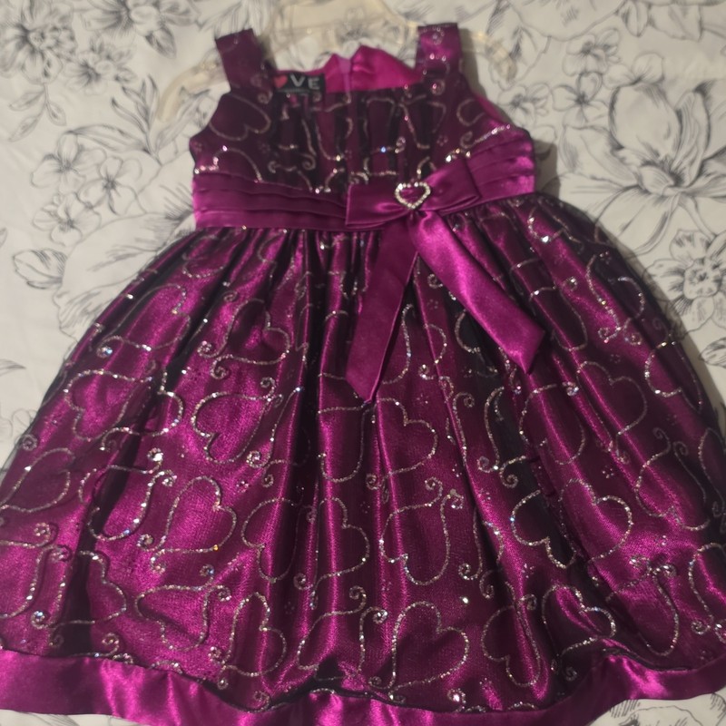 Love Girls Fit & Flare Dress Size 5 Purple Pink Heart Glitter Bow Sleeveless