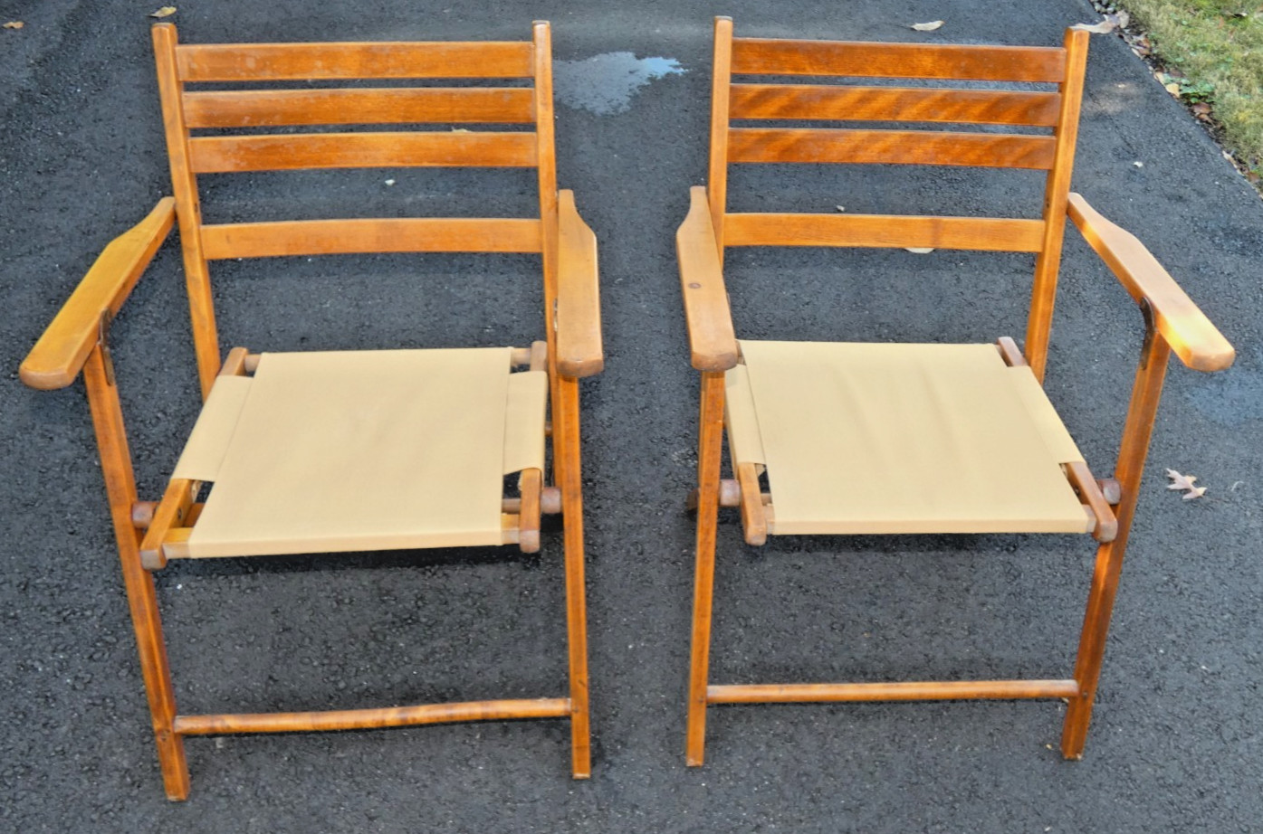 PAIR of Antique Vintage WOOD Folding Slat Back Chairs w/Canvas Seating