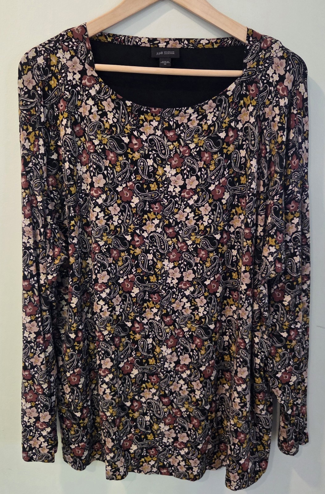 J. Jill Top Womens 2X Tunic Dark Floral Boho Ditsy Long Sleeve Blouse Black