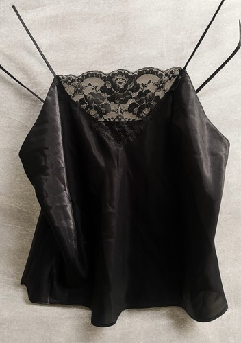Vintage Y2k Black Satin Camisole Top Coquette Lace Panel 90’s Sz M Whimsigoth
