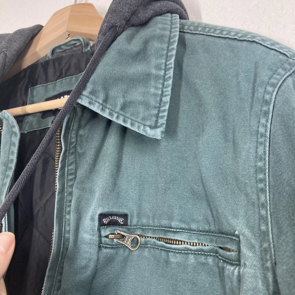 Chaqueta Billabong Barlow Para Hombre Mediana Verde Con Capucha Lona Cremallera Frontal Acolchada Forrada Foto 3 de 4