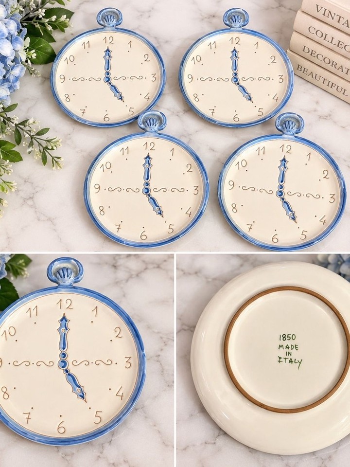 Very Rare Vintage Italy Ceramic Pocket Watch Clock Plates Set of 4 hand painted