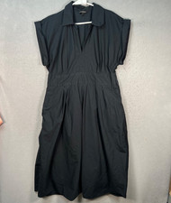 Banana Republic Womens 16 Black Cotton Pleated Midi Dress w/ Collared V-Neck