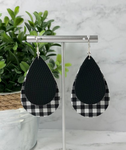 Faux Vegan Leather White Black Buffalo Plaid Teardrop Dangle Earrings Checkered - Picture 3 of 7