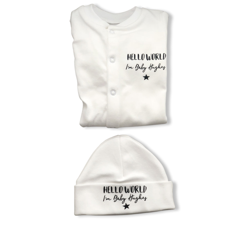 PERSONALISED sleepsuit & hat HELLO WORLD baby clothing sleepsuit baby showergift - Picture 2 of 17