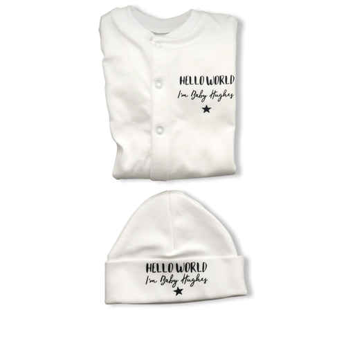 PERSONALISED sleepsuit & hat HELLO WORLD baby clothing sleepsuit baby showergift - Picture 1 of 13