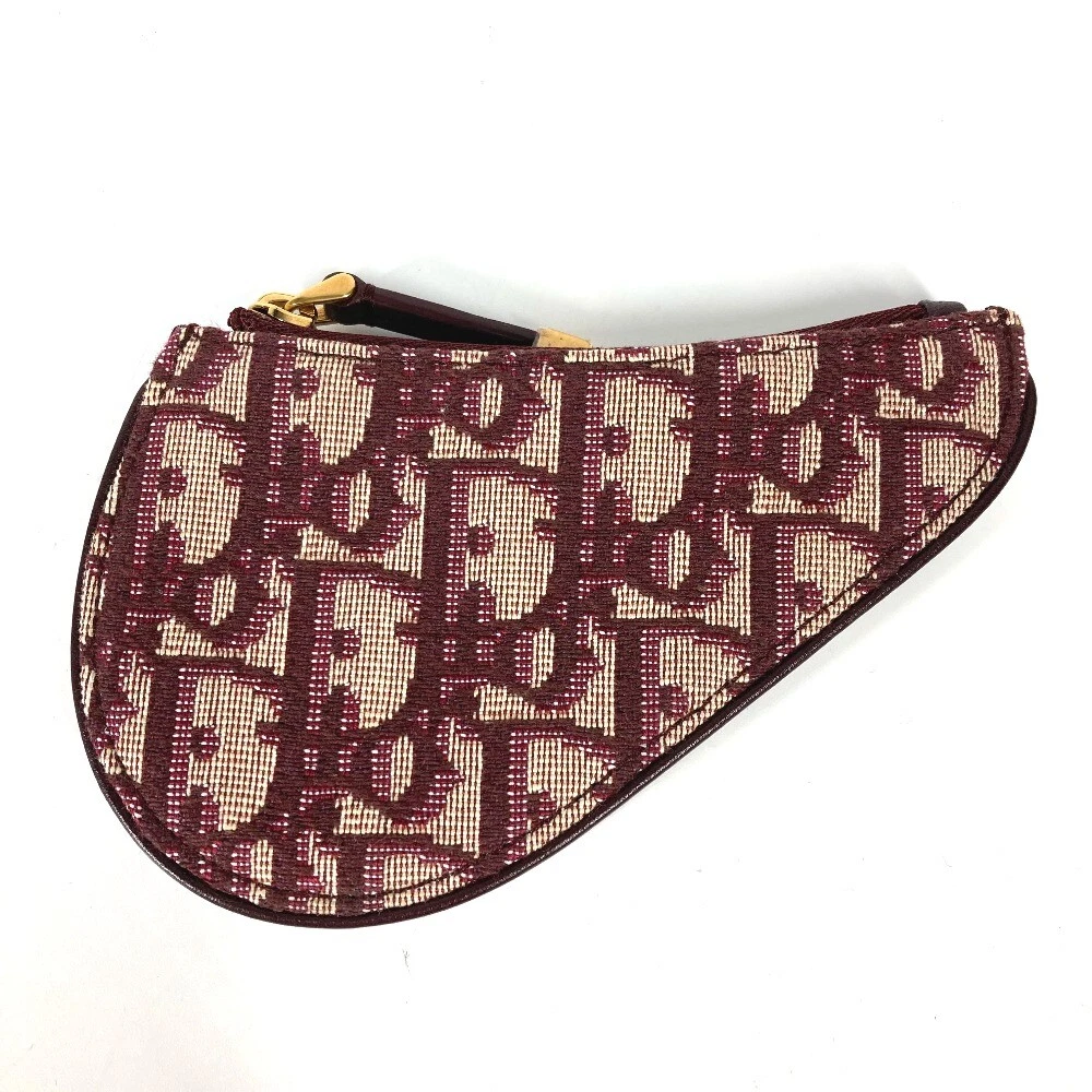 Dior Oblique selle portefeuille pièce compartiment pièce sac à main toile/cuir vin rouge