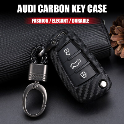 Carbon Fiber Soft Rubber Key Fob Case Shell Cover Keychain For Audi A3 Q3 Q7 A1
