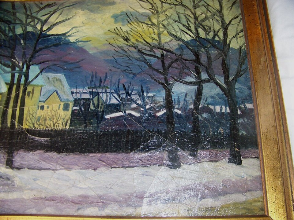 1925 ANTIQUE EUROPEAN VILLAGE WINTER ARCHITECTURE HOUSE OIL PAINTING ...