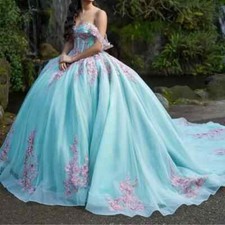 Water Blue Shiny Quinceanera Dresses Ball Gown Applique Crystals Corset Sweet 16